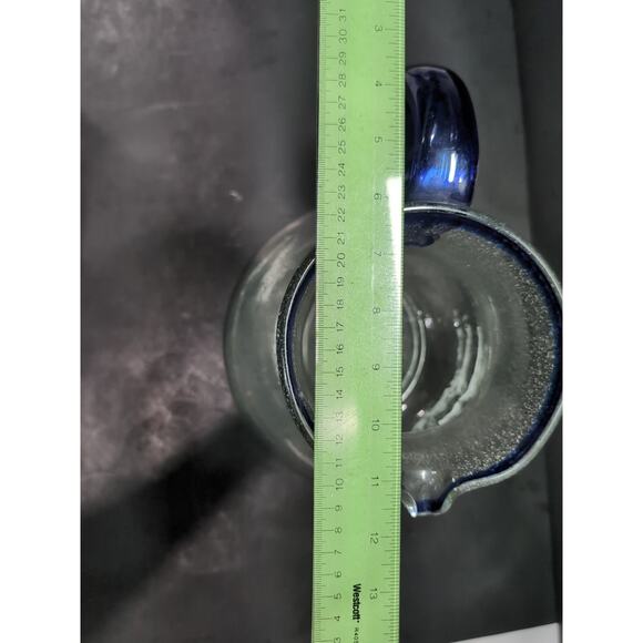 Mexican Hand Blown Glass Pitcher, Cobalt Blue Rim, 160 Oz Bubble Pitcher - Picture 10 of 10